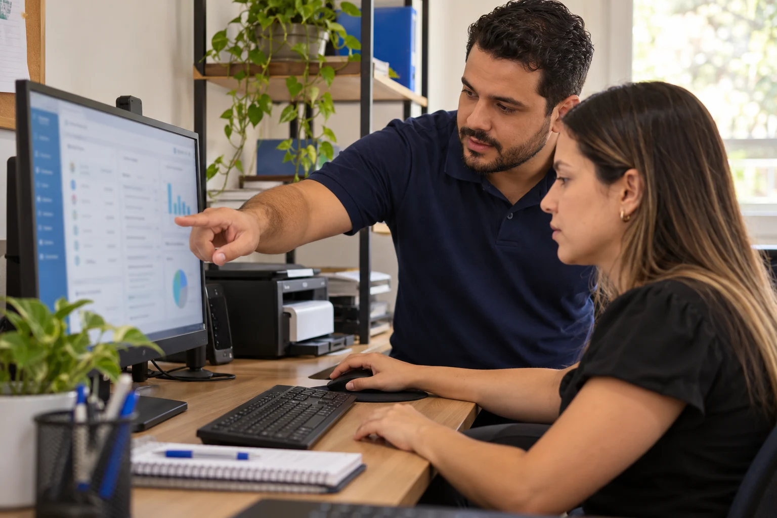 Cena ilustrativa de um profissional de suporte orientando uma colaboradora no computador da empresa